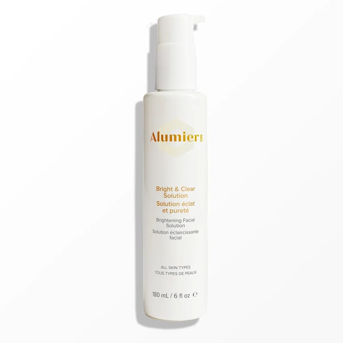 AlumierMD Bright & Clear Solution 180 ml white bottle on a white background.