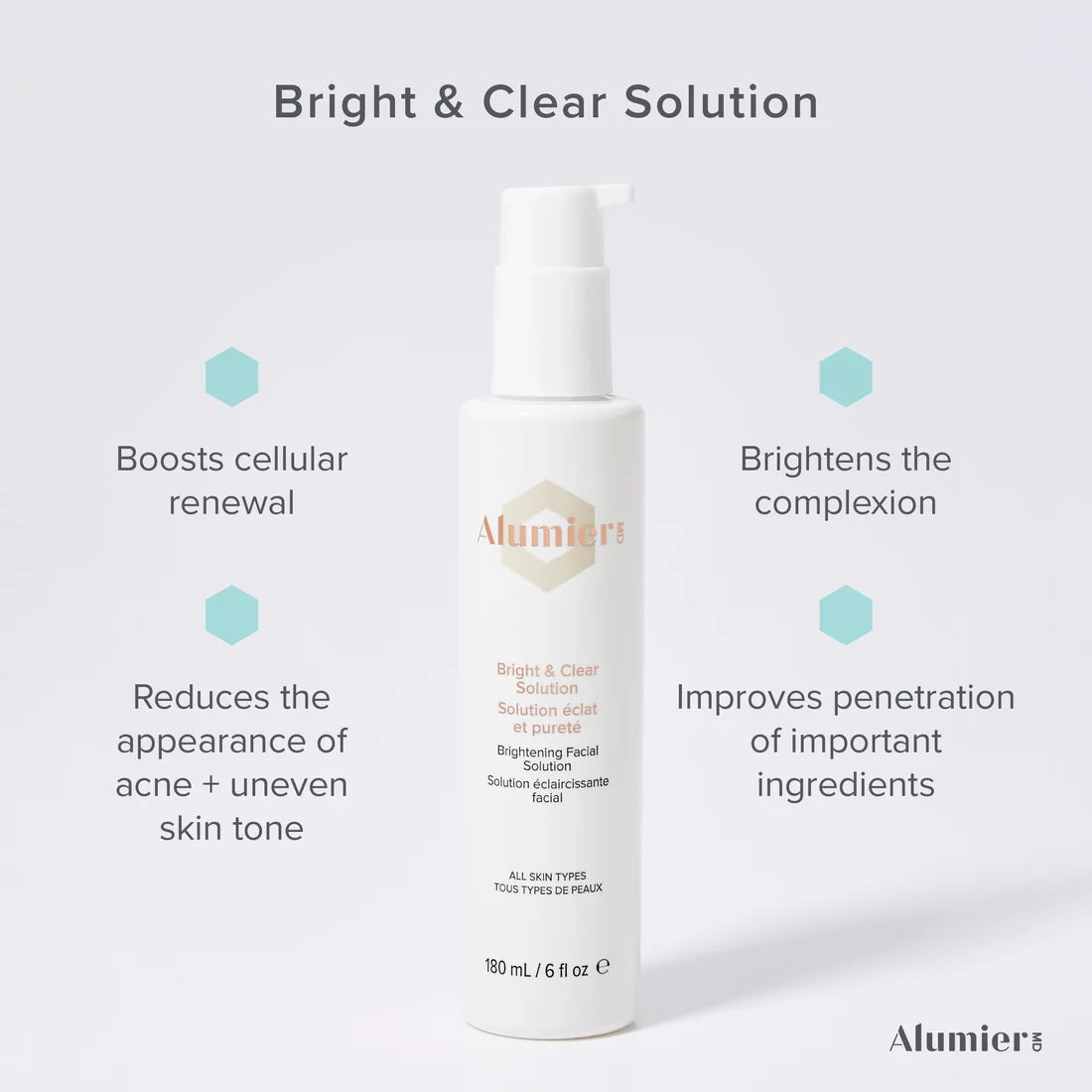 AlumierMD Bright & Clear Solution bottle surrounded by four product-benefit callouts