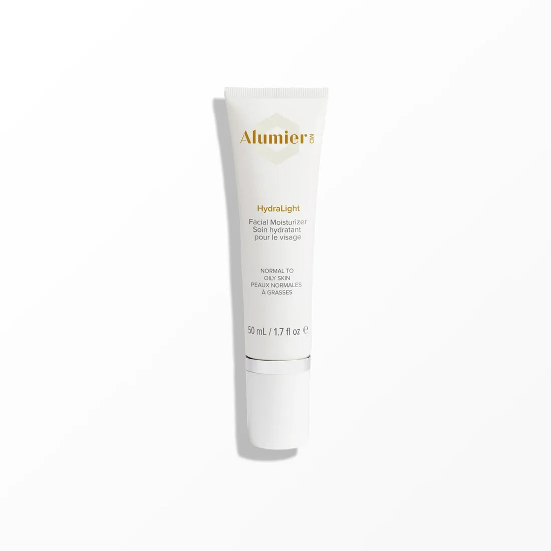 AlumierMD HydraLight Moisturiser 50 ml white tube with a white cap on a white background.