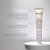 Thumbnail for AlumierMD Retinol Eye Gel tube with callouts for microencapsulated retinol 0.1%, niacinamide and bisabolol