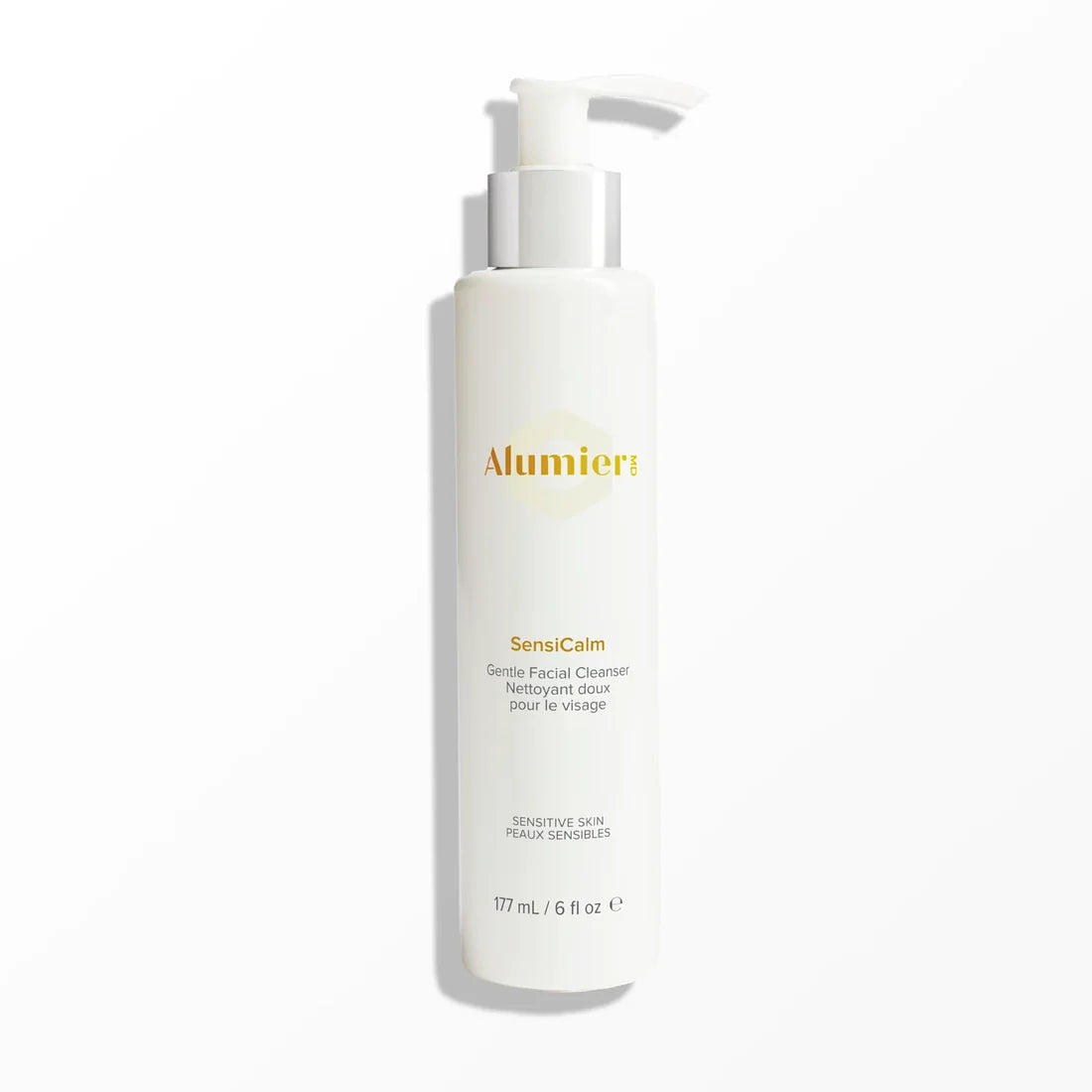 AlumierMD SensiCalm Cleanser 177 ml white pump bottle on a white background.