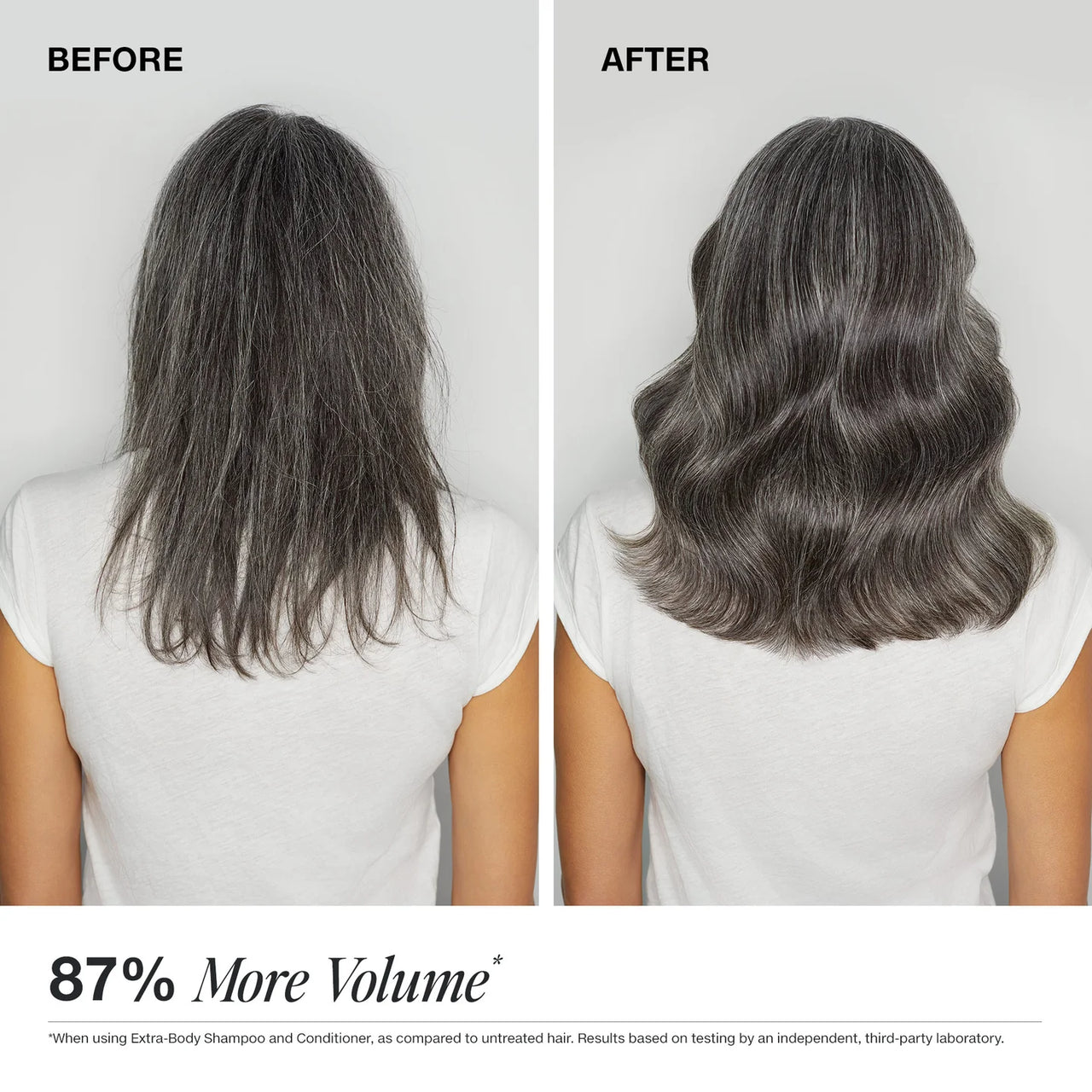 Before and after comparison of hair volume with a person wearing a white sleeveless top.