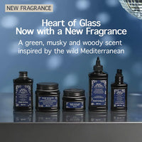 Thumbnail for Collection of 'Heart of Glass' fragrance products with a blue gradient background and text about the new fragrance.