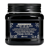Thumbnail for Davines Heart of Glass Rich Conditioner in a 250ml black jar with a black ribbed lid and a navy blue label with white text and floral accents.