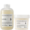 Thumbnail for Davines LOVE curl-enhancing shampoo and fast conditioner set, shown as a translucent bottle of shampoo and a white tub of conditioner on a plain white background.