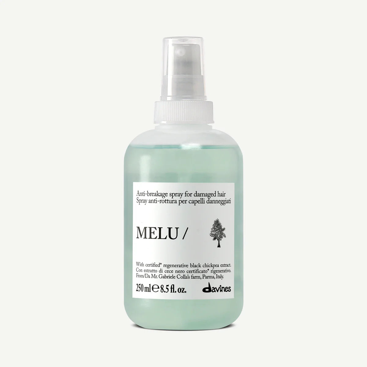 Melu hair care spray bottle on a white background