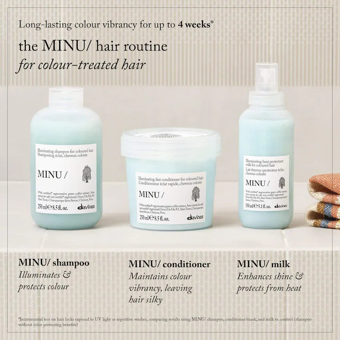 davines hair care products including shampoo, conditioner, and milk with text about color vibrancy on a neutral background.