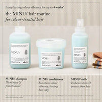 Thumbnail for davines hair care products including shampoo, conditioner, and milk with text about color vibrancy on a neutral background.