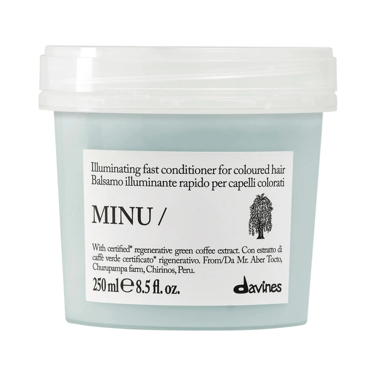 Davines MINU Illuminating Fast Conditioner in a translucent light blue plastic jar with a white lid, on a white background.