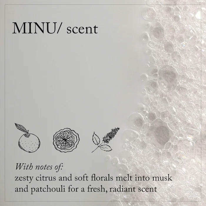 Product packaging with 'MINU/ scent' and scented notes description on a textured background
