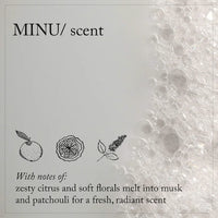 Thumbnail for Product packaging with 'MINU/ scent' and scented notes description on a textured background