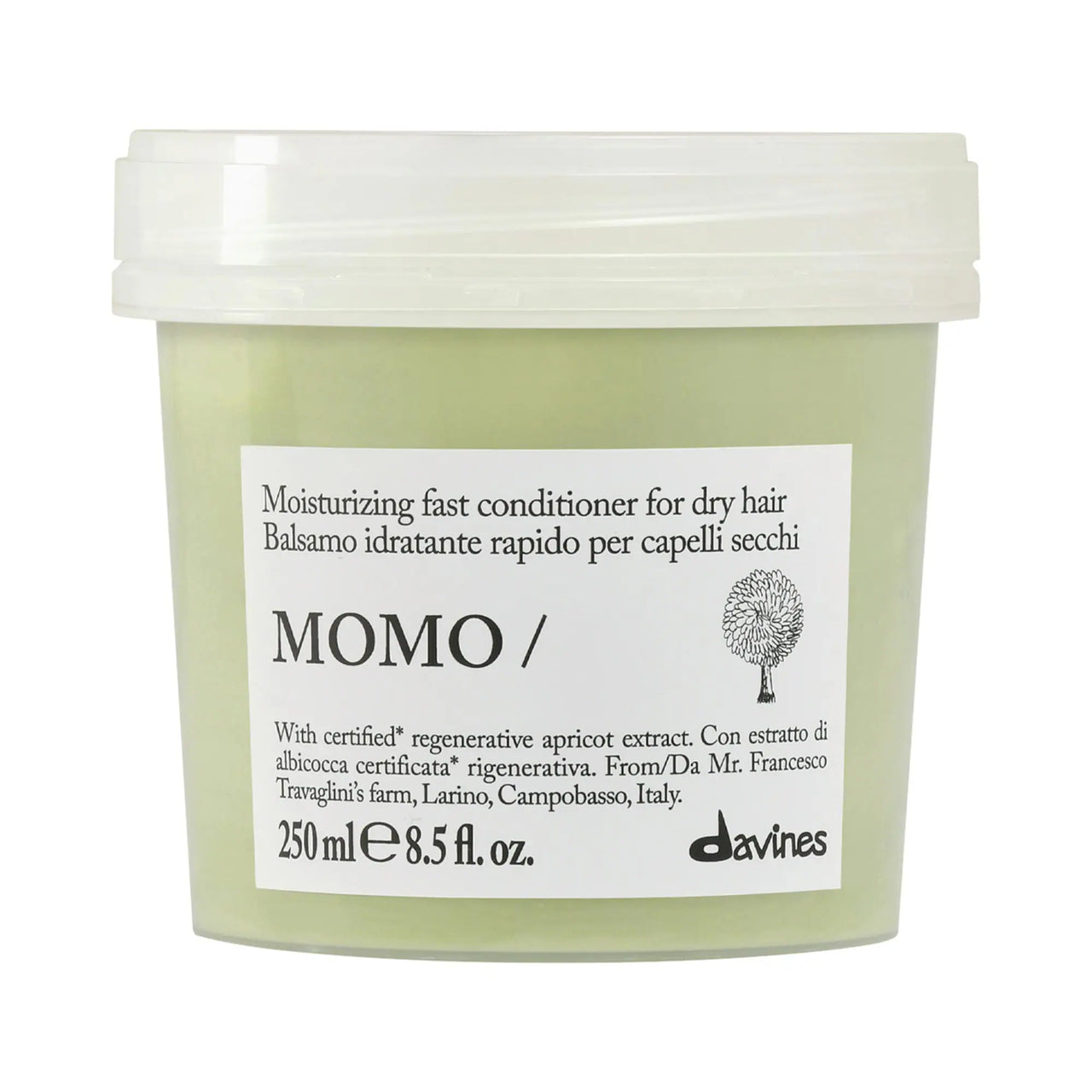 Davines MOMO Moisturizing Fast Conditioner in a translucent light green plastic tub with a white lid and white label.