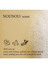 Product packaging for 'NOUNOU/ scent' with text and small illustrations on a beige background.