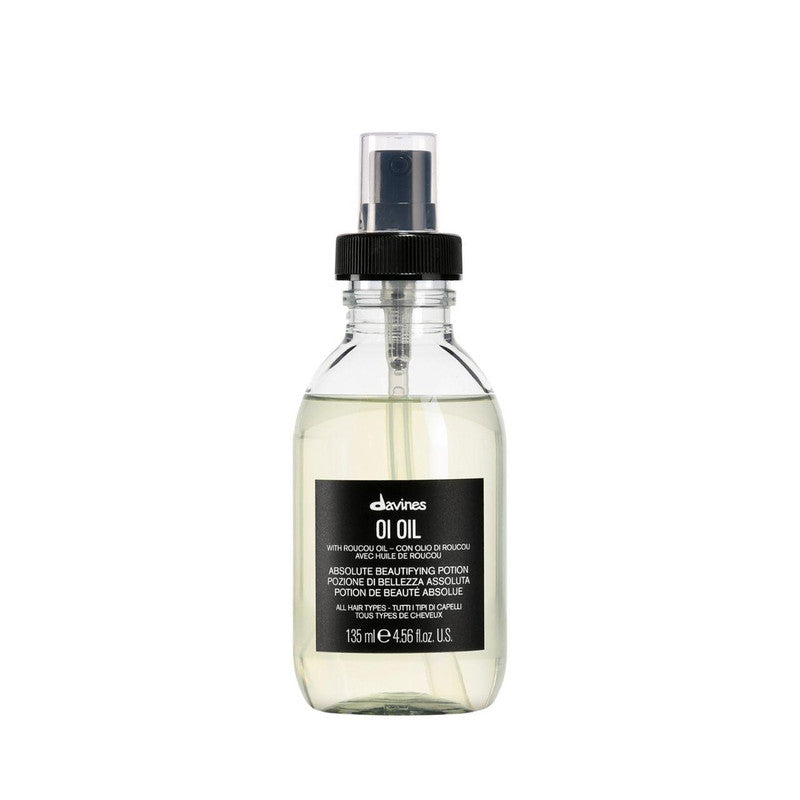 Clear spray bottle with black label on a white background