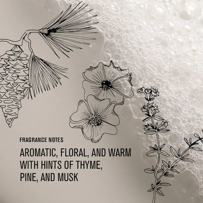 Black line drawings of flowers and plants on a textured beige background with fragrance notes text.