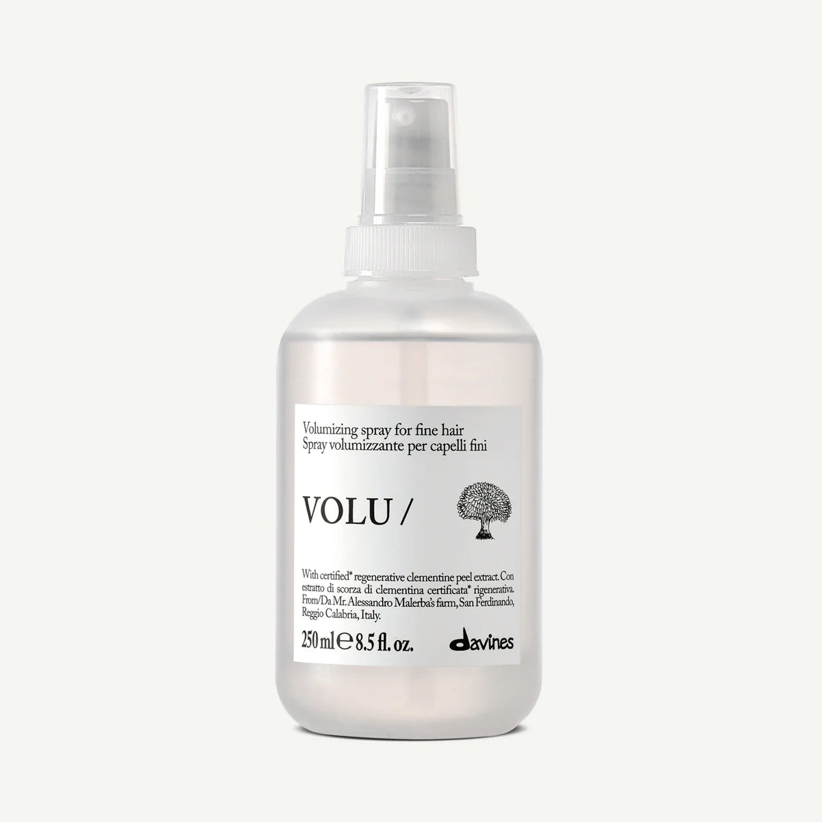 Hair spray bottle labeled 'VOLU' by davines on a white background