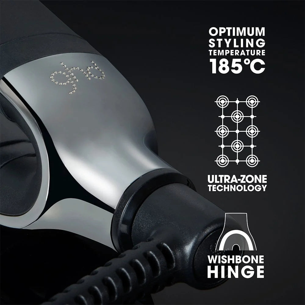 Hair dryer with branding and technical features highlighted on a dark background