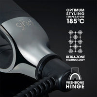 Thumbnail for Hair dryer with branding and technical features highlighted on a dark background