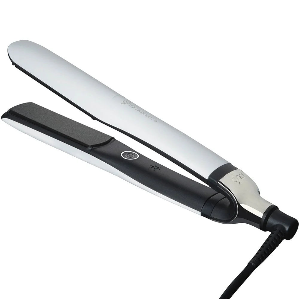 Hair straightener with black and silver design on a white background