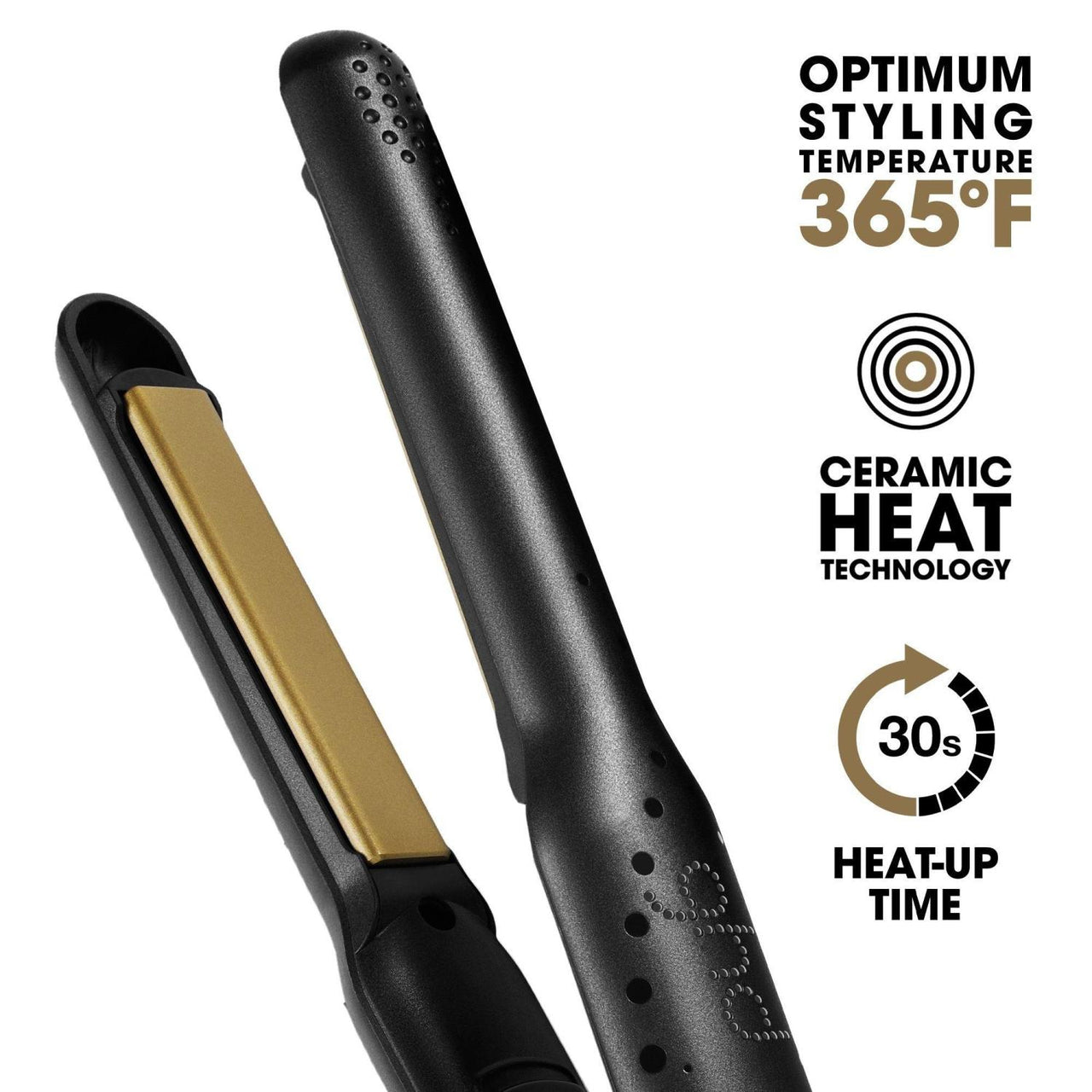 A black hair straightener shown at an angle with gold-colored heating plates, accompanied by text callouts highlighting 365°F optimum styling temperature, ceramic heat technology, and 30s heat-up time on a white background.