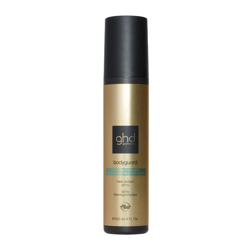 Ghd Bodyguard Heat Protect Spray in a 4 fl. oz. black and gold spray bottle, shown against a plain white background.