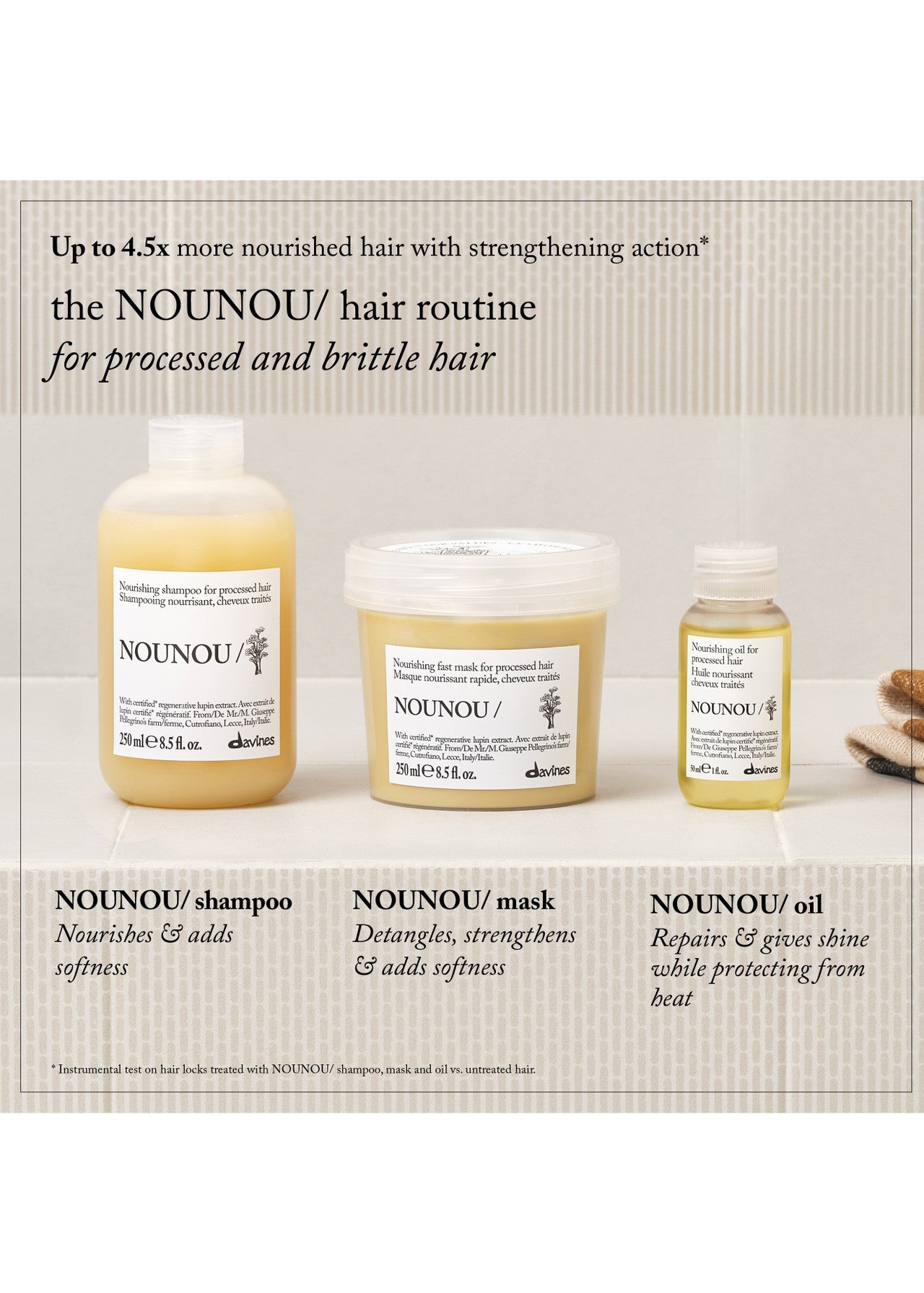 NOUNOU hair care products including shampoo, mask, and oil on a neutral background