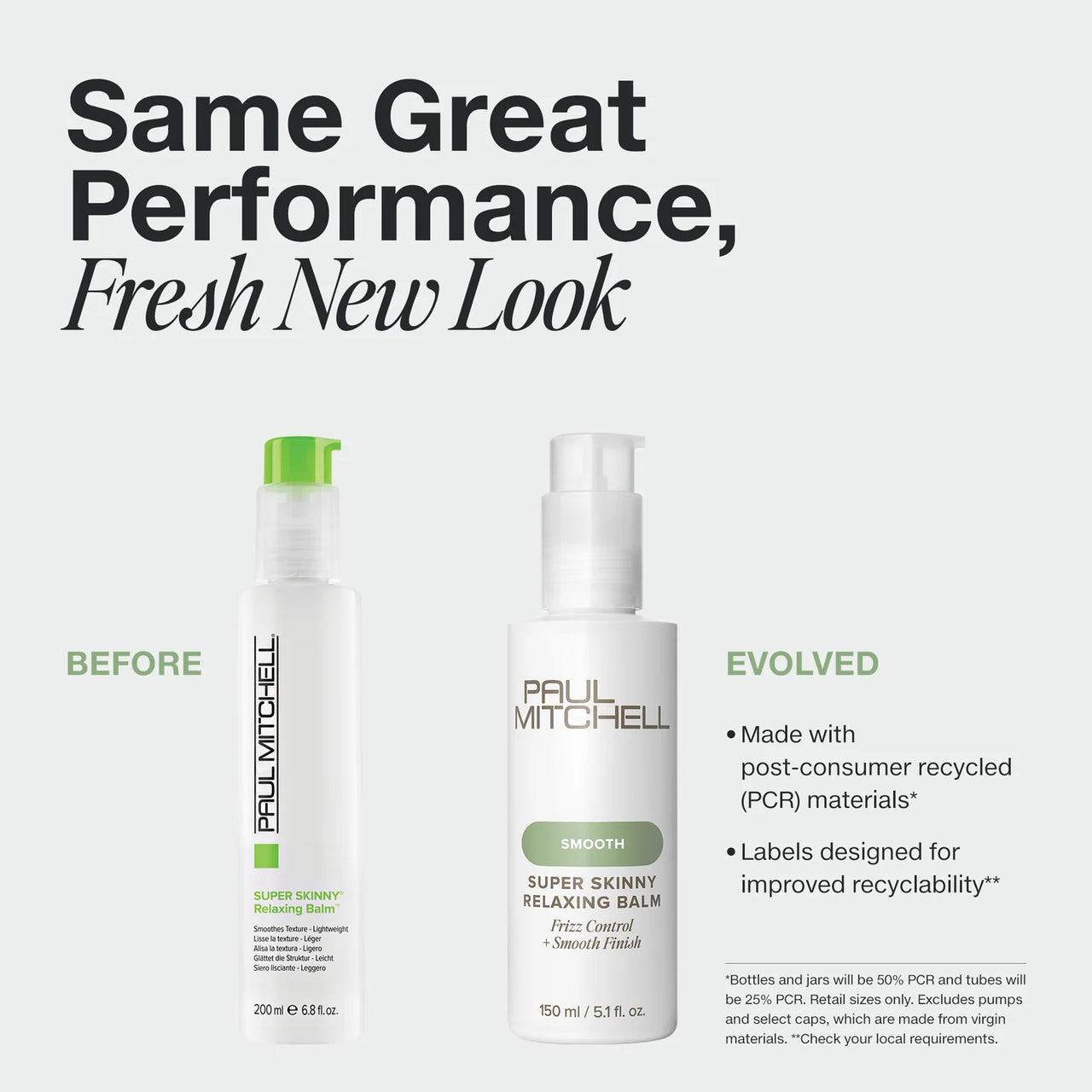 Two bottles of Paul Mitchell hair products with text about performance and new look.