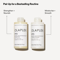 Thumbnail for Two Olaplex shampoo and conditioner bottles on a white background with text indicating their uses.