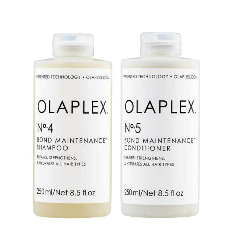 Olaplex No.4 Shampoo and No.5 Conditioner bottles on a white background