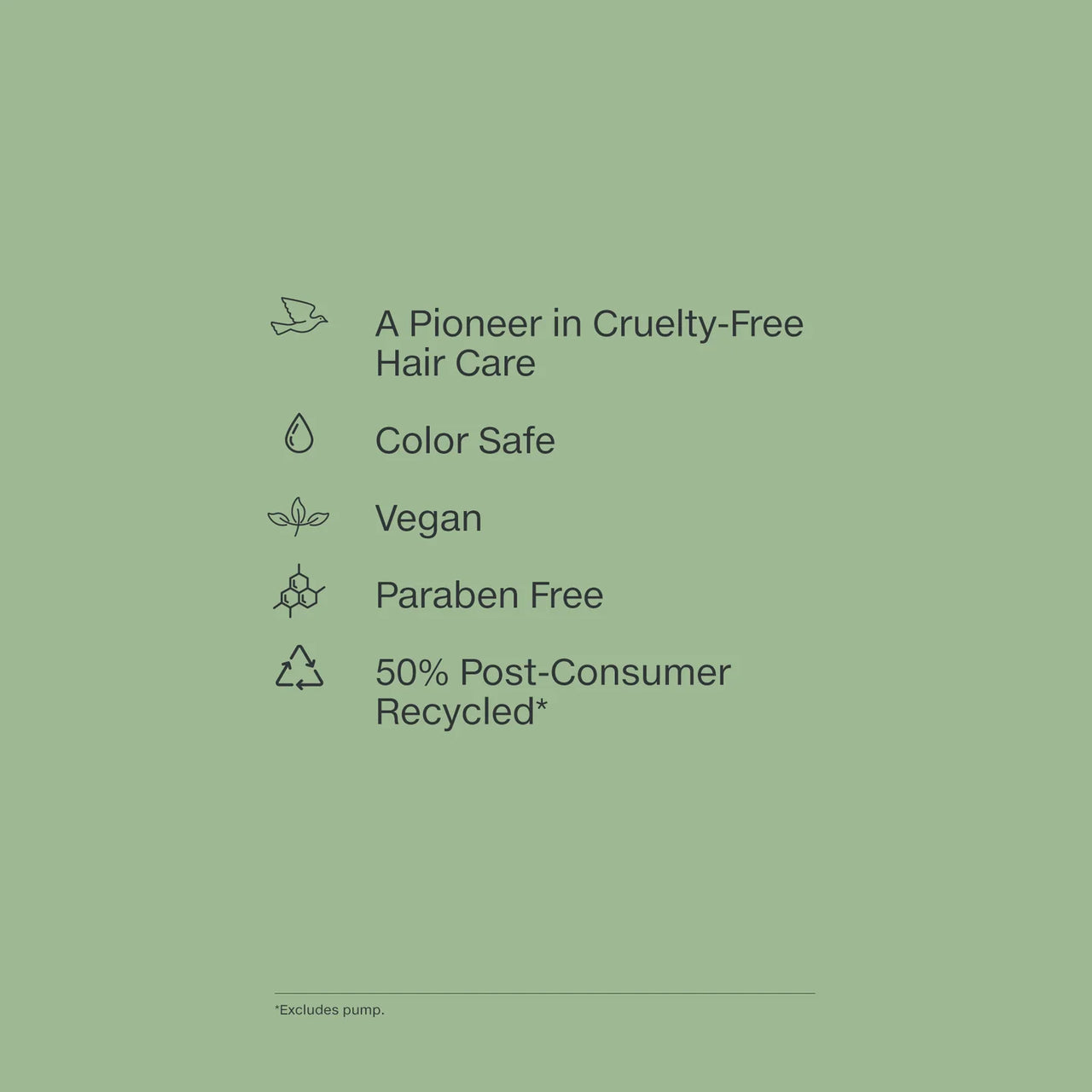 Green background with text highlighting cruelty-free, color-safe, vegan, paraben-free, and recycled product features.