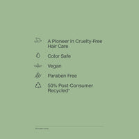 Thumbnail for Green background with text highlighting cruelty-free, color-safe, vegan, paraben-free, and recycled product features.
