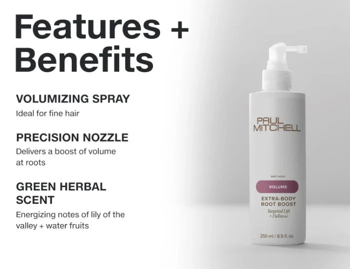 Volumizing spray bottle with features and benefits listed on a white background