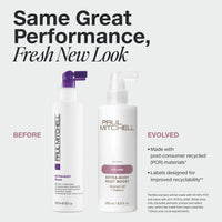 Thumbnail for Two bottles of Paul Mitchell products with text about new look and recycled materials on a white background