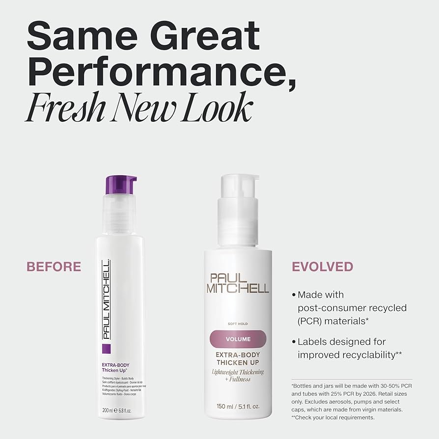 Two bottles of Paul Mitchell hair products with text about new look and recycled materials on a white background.