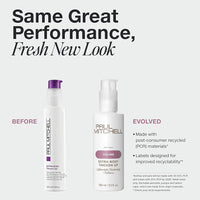 Thumbnail for Two bottles of Paul Mitchell hair products with text about new look and recycled materials on a white background.