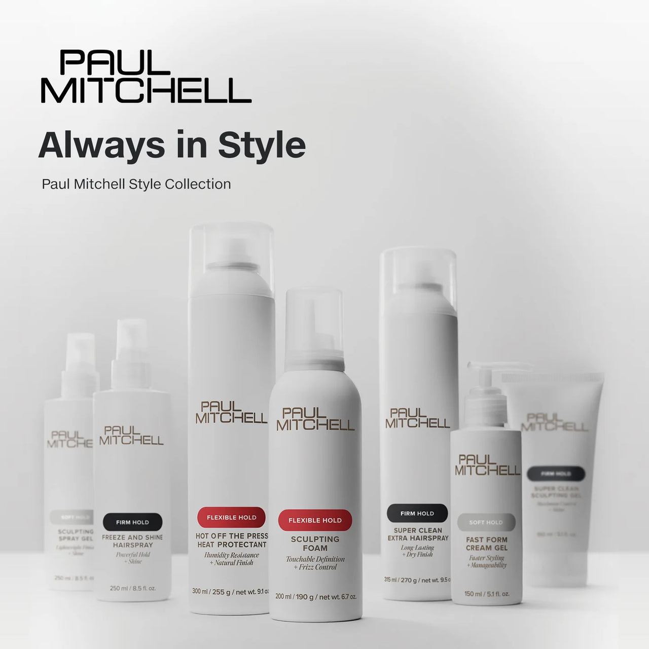 Collection of Paul Mitchell hair products on a white background with 'Always in Style' text.