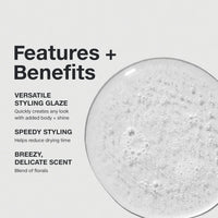 Thumbnail for Product features and benefits with a close-up of a styling glaze on a white background