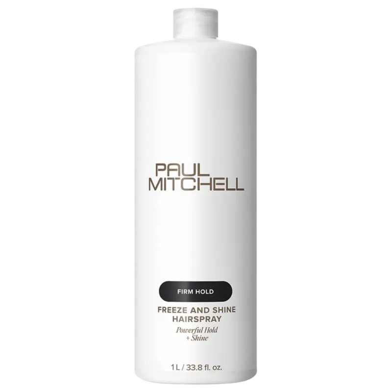 White bottle of Paul Mitchell Freeze and Shine Hairspray on a white background
