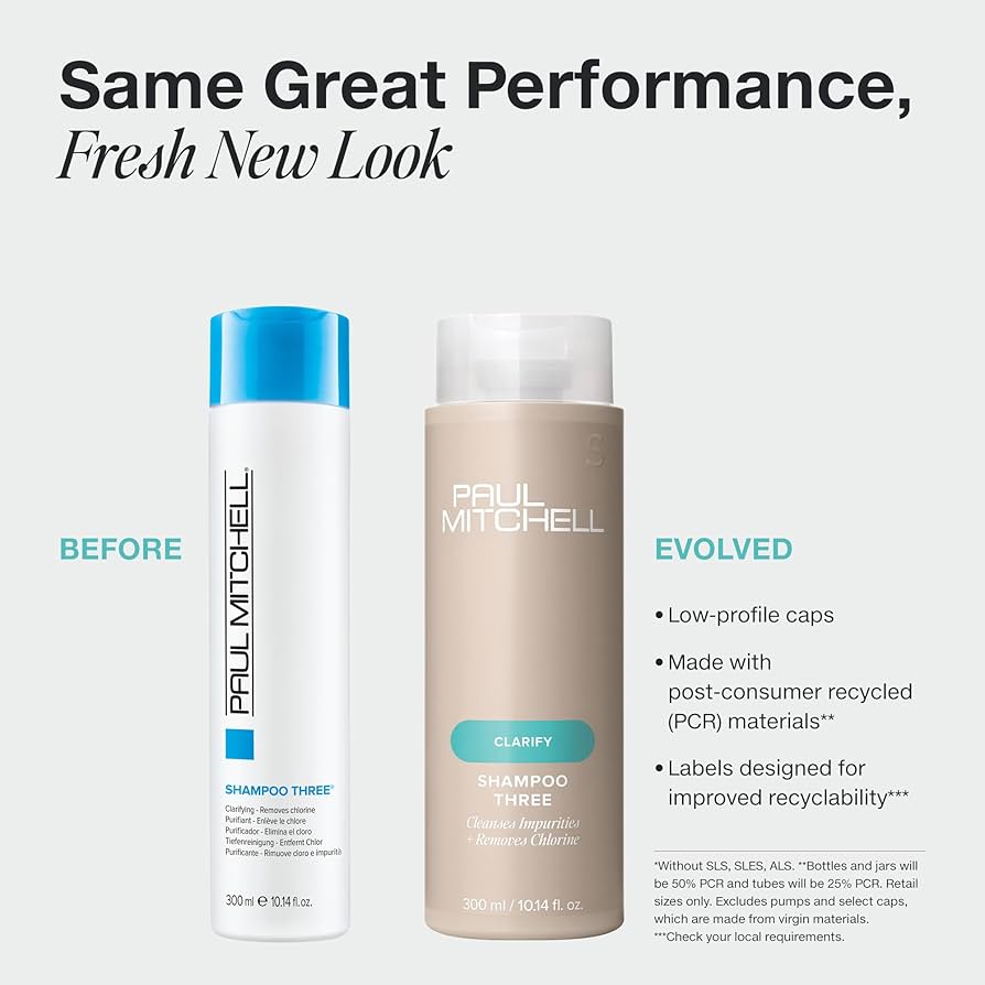 Two bottles of Paul Mitchell shampoo with text about new look and sustainability features.