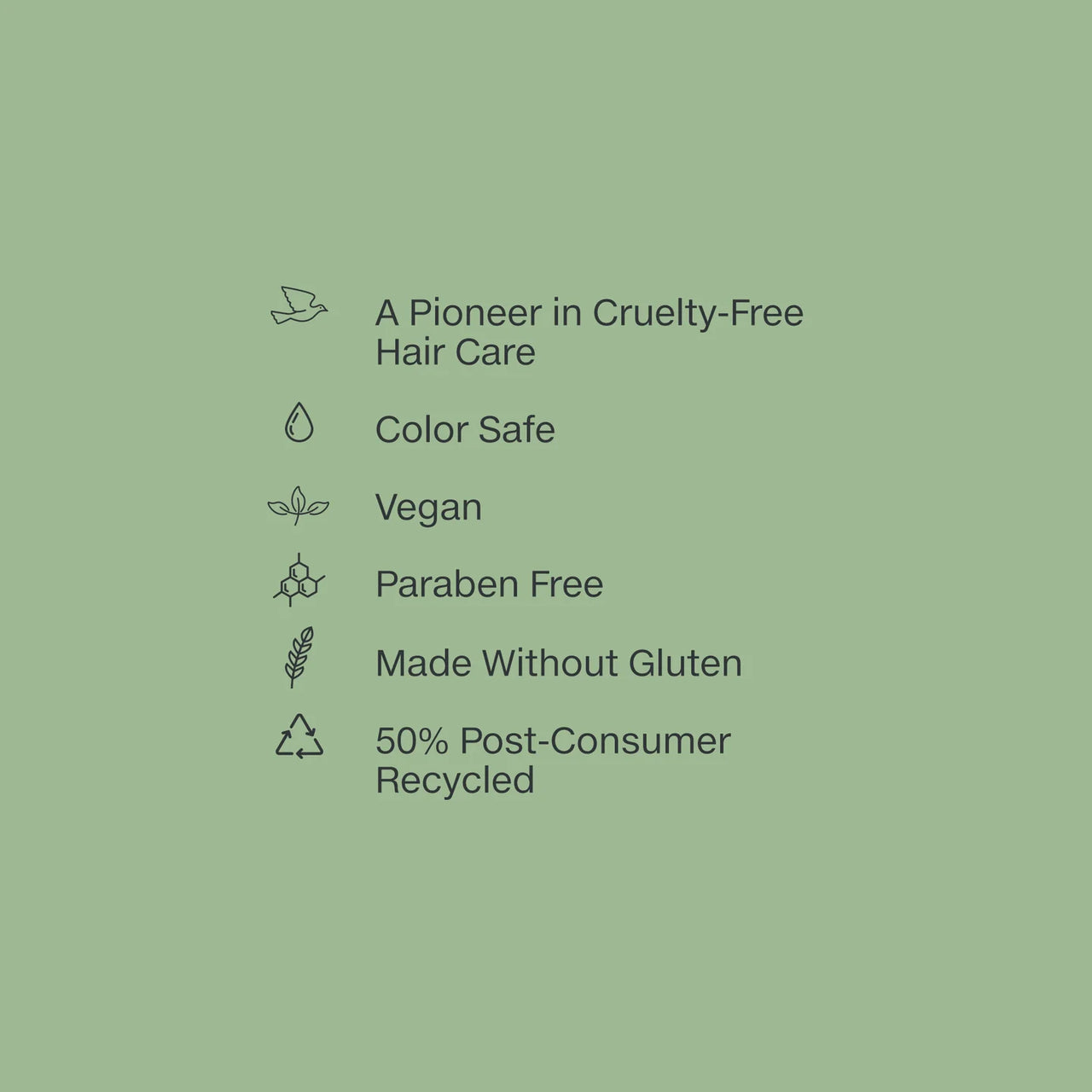 Green background with text and icons highlighting cruelty-free, vegan, and environmentally friendly attributes.