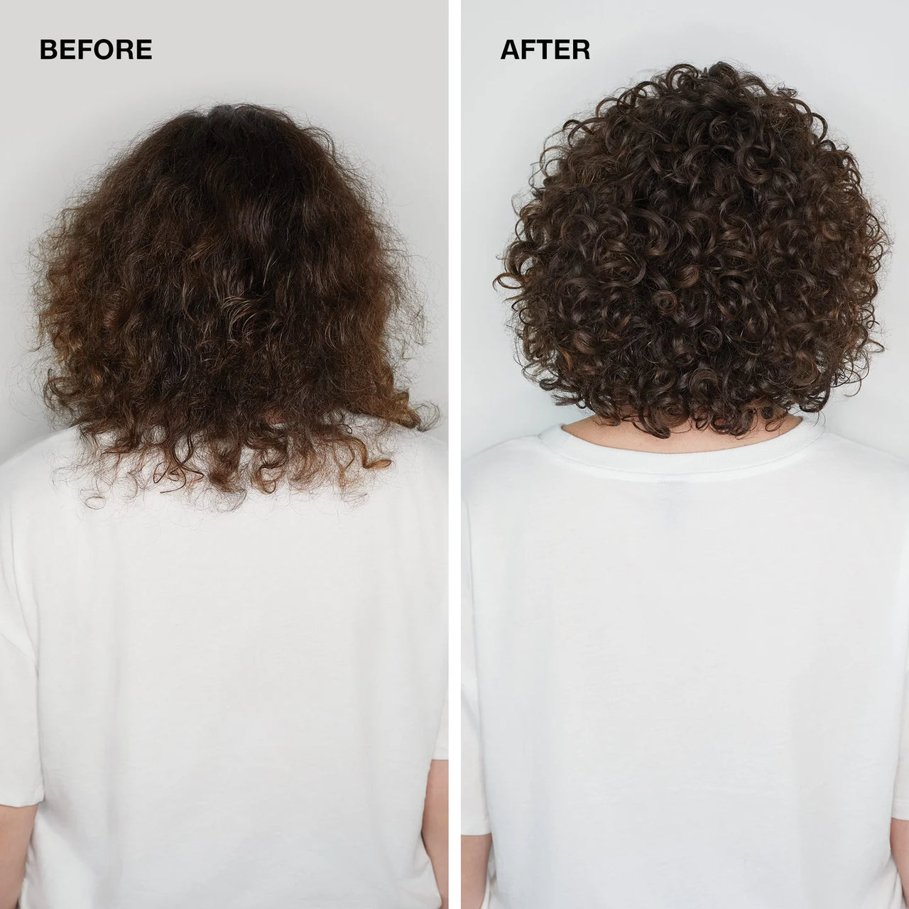 Before and after comparison of curly hair on a person wearing a white shirt.