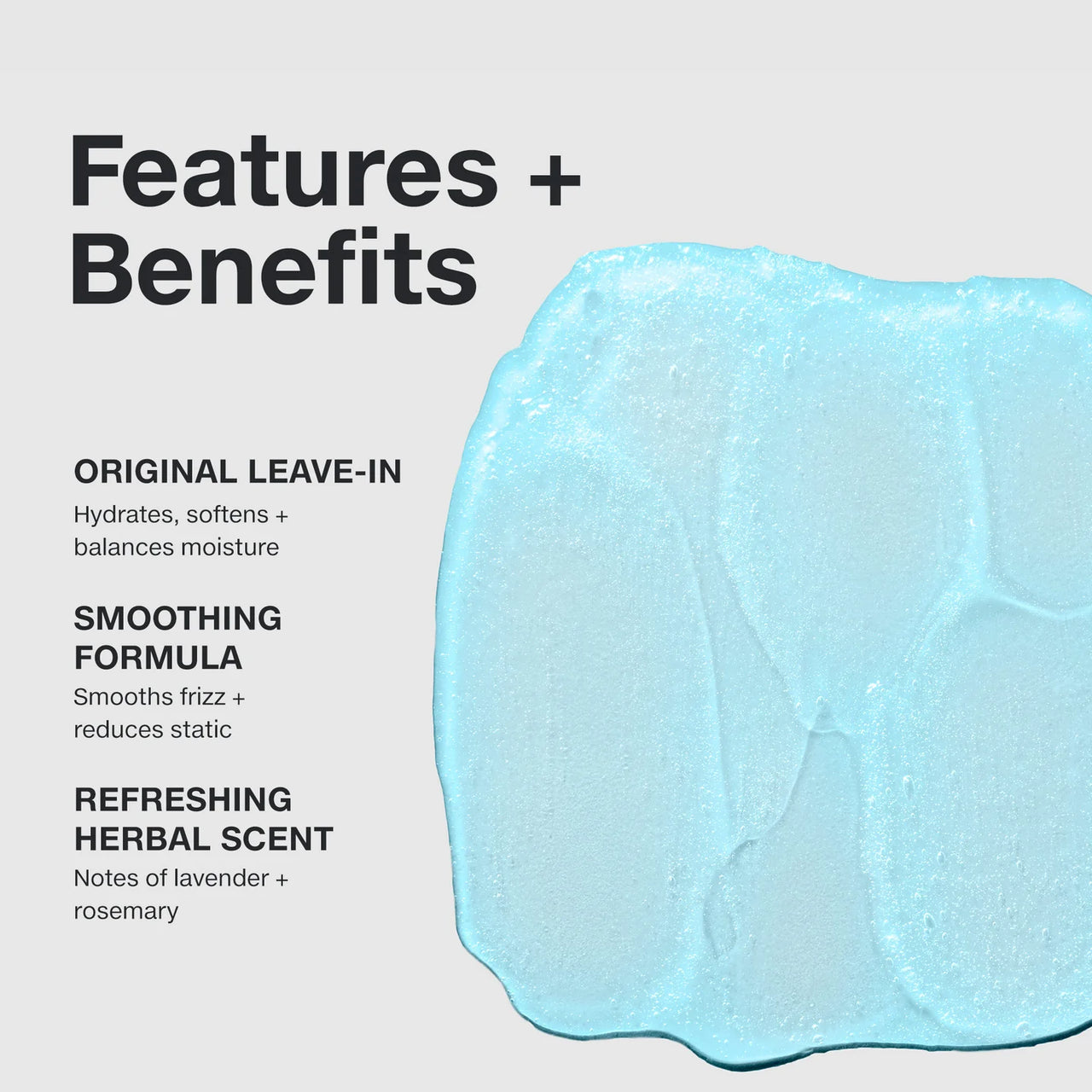 Blue hair product with features and benefits listed on a gray background