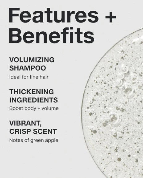 Product features and benefits listed with a close-up of a shampoo bottle.