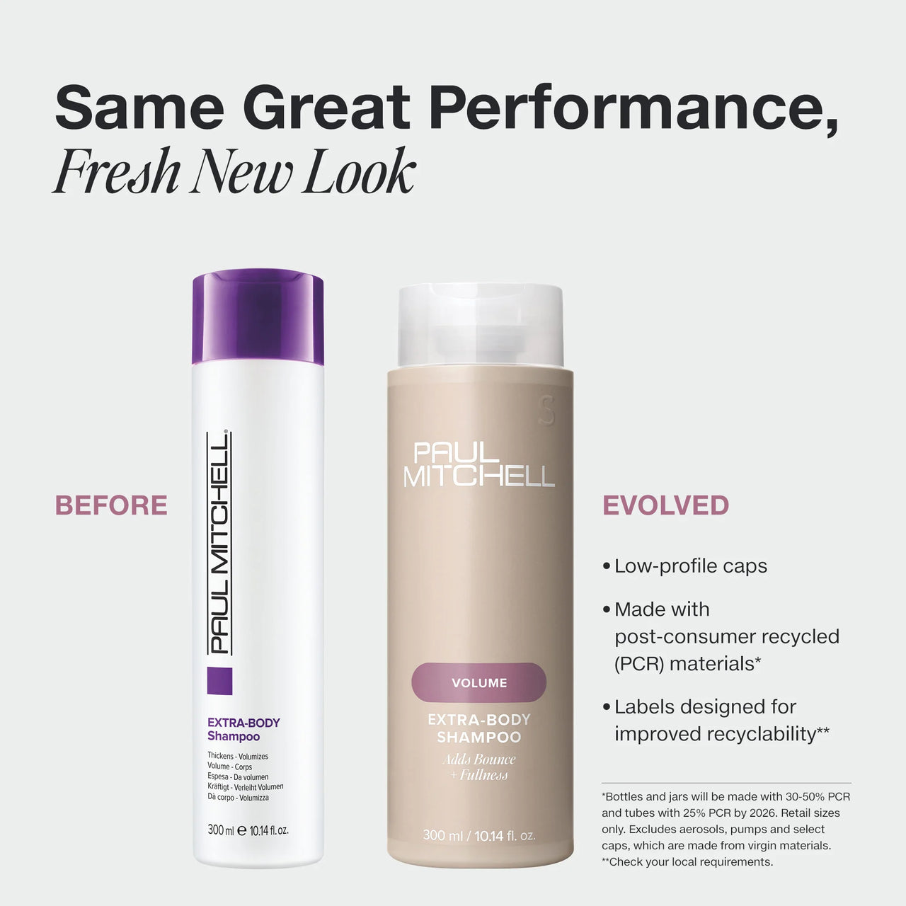 Two bottles of Paul Mitchell shampoo with 'Before' and 'Evolved' labels on a white background.