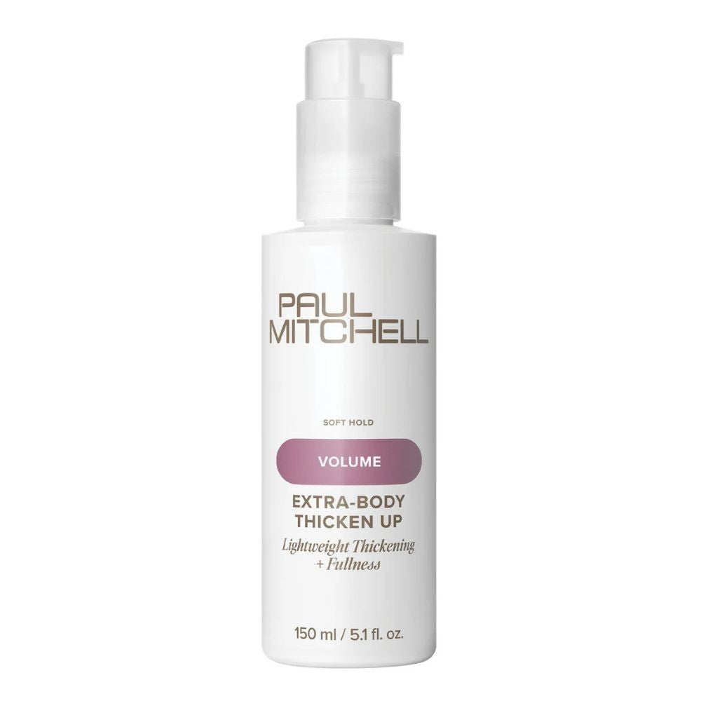 White bottle of Paul Mitchell Volume Extra-Body Thicken Up product on a white background