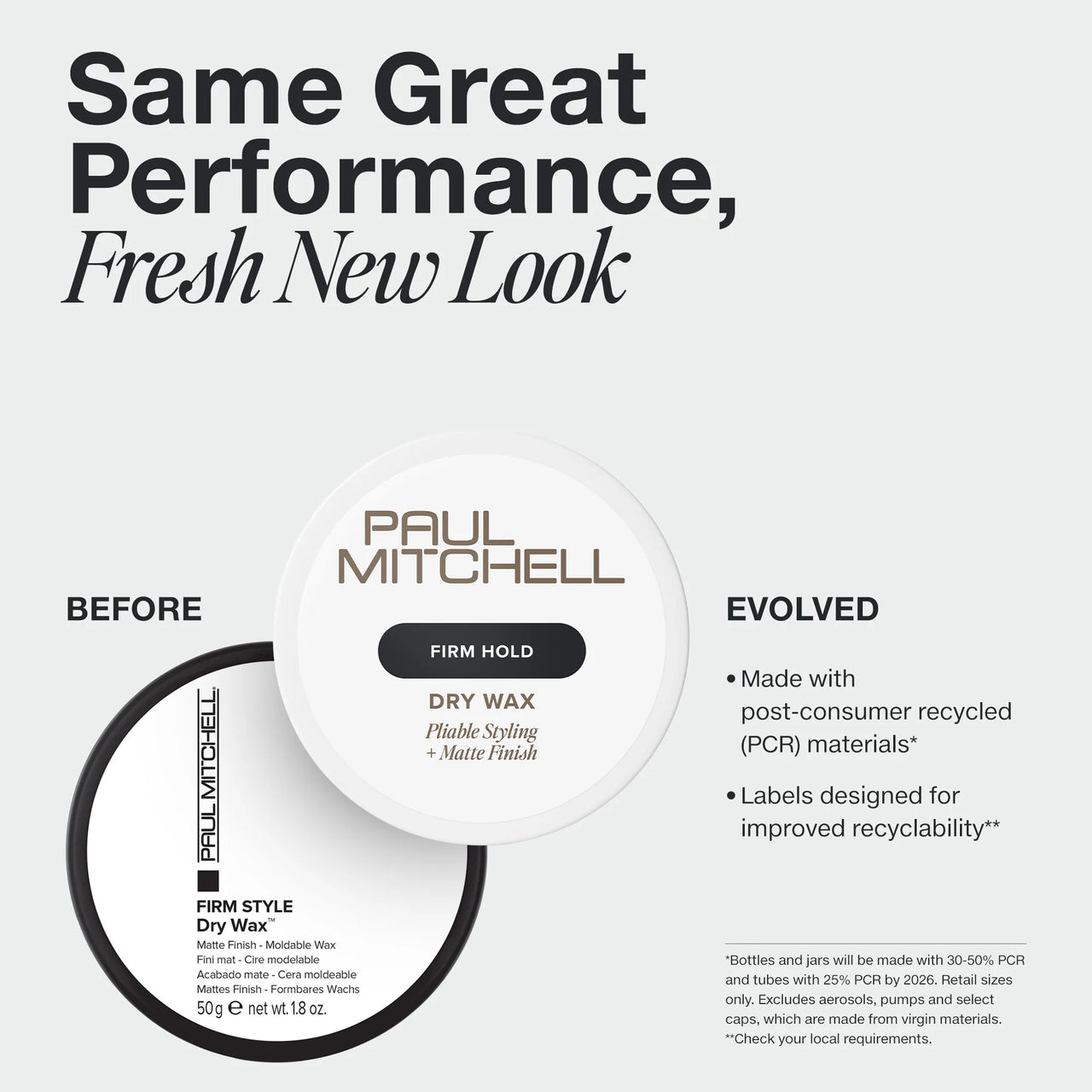 Paul Mitchell dry wax packaging with 'Same Great Performance, Fresh New Look' text on a white background