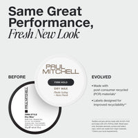 Thumbnail for Paul Mitchell dry wax packaging with 'Same Great Performance, Fresh New Look' text on a white background