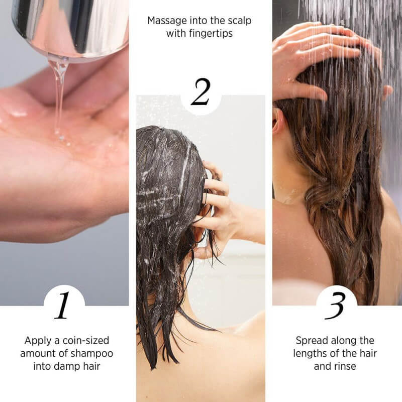 Step-by-step guide on how to apply shampoo with images and text instructions.