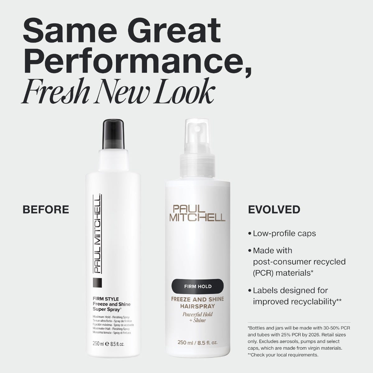 Two bottles of Paul Mitchell hair spray with text about new look and sustainability features.