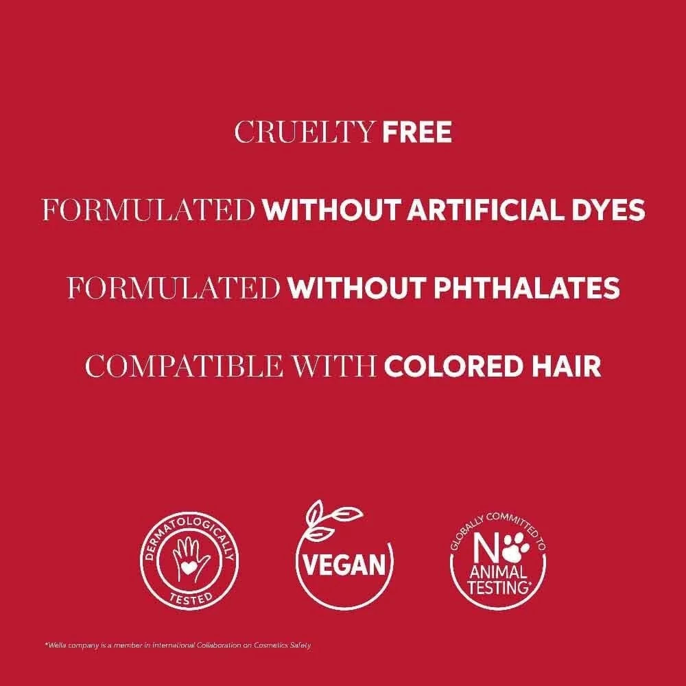 A red promotional graphic with white text stating 'CRUELTY FREE', 'FORMULATED WITHOUT ARTIFICIAL DYES', 'FORMULATED WITHOUT PHTHALATES', and 'COMPATIBLE WITH COLORED HAIR', plus three certification-style logos at the bottom including 'Hypoallergenic Tested', 'Vegan', and 'No Animal Testing'.